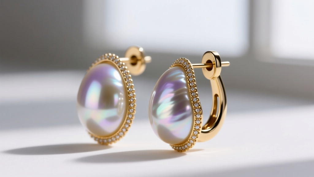 Side view of vintage mabe pearl earrings with a reinforced 18-gauge omega clip mechanism and 14k gold milgrain detailing.