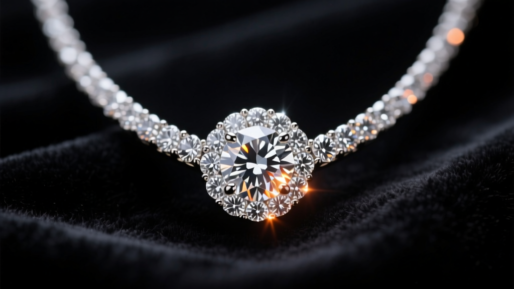 Macro photography of a round brilliant diamond halo necklace resting on dark velvet, illuminated by soft studio lighting