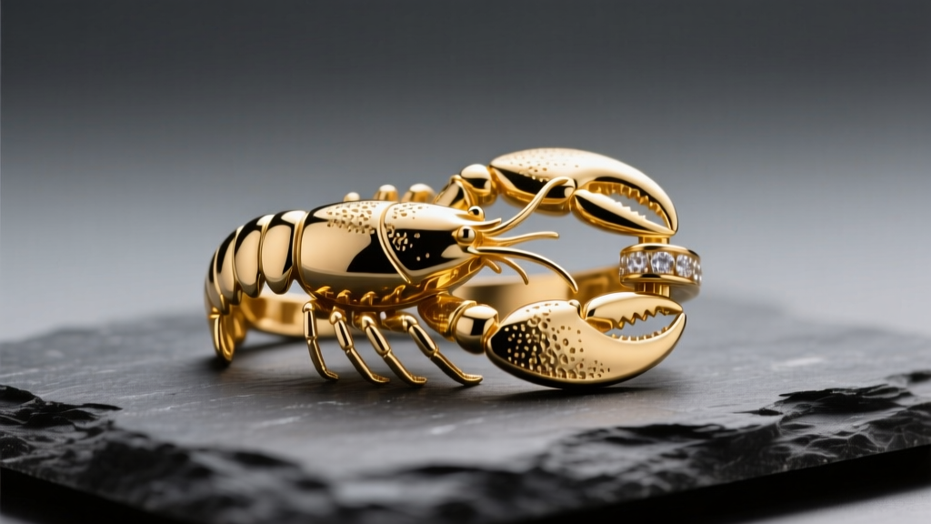 Macro shot of a polished 14k yellow gold lobster clasp resting on dark slate, illuminated by soft, directional studio lighting.