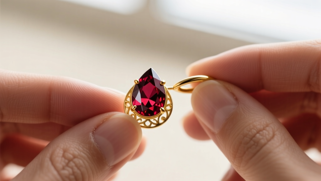 Macro view of a jeweler inspecting 14k gold prongs that secure a faceted red almandine garnet gemstone in a drop earring setting