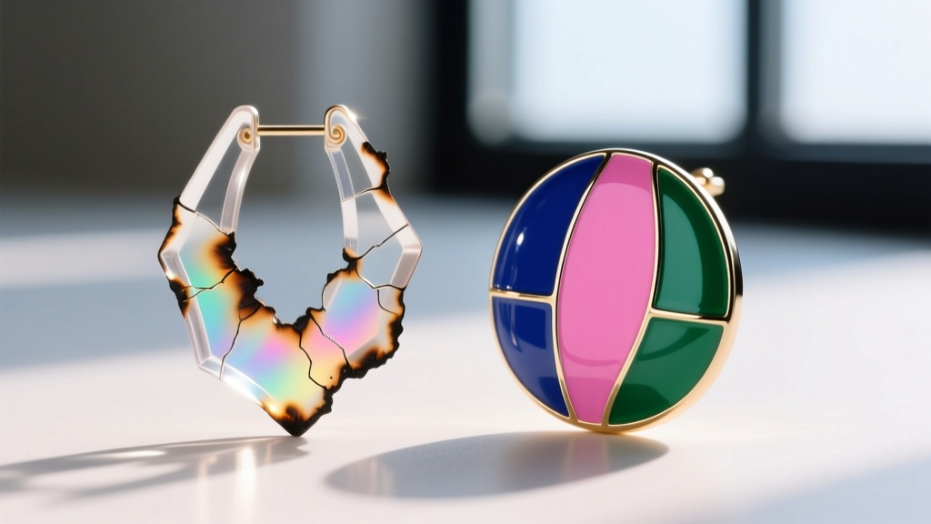 Macro view of laser-cut acrylic cartoon earring scorched edges beside a smooth polished cloisonné enamel cartoon earring