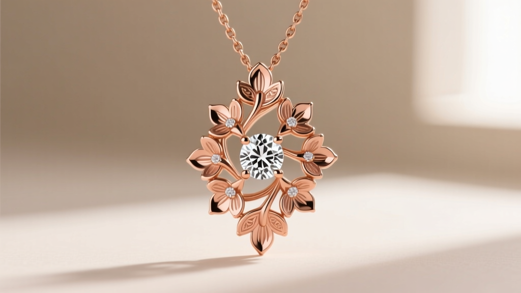 Close-up of an 18k rose gold Bvlgari Fiorever necklace pendant featuring a central diamond and intricate floral petal design.