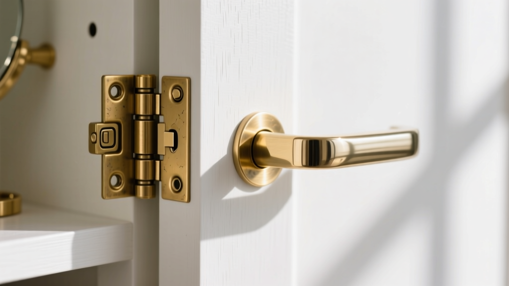 Macro shot of brass soft-close hinges and a polished zinc handle on a high-quality white painted MDF jewelry cabinet door.