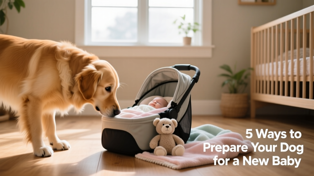 A curious dog sniffing a baby carrier placed on the floor next to a soft blanket and toy