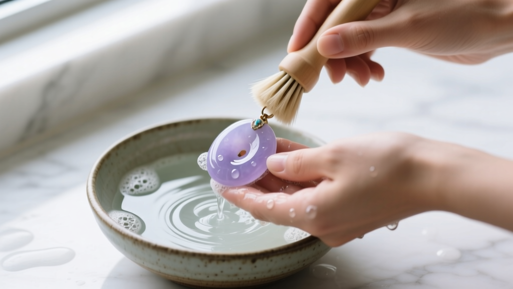 Hands washing a pale lavender vintage jadeite pendant in a ceramic bowl of lukewarm soapy water using a soft natural bristle brush