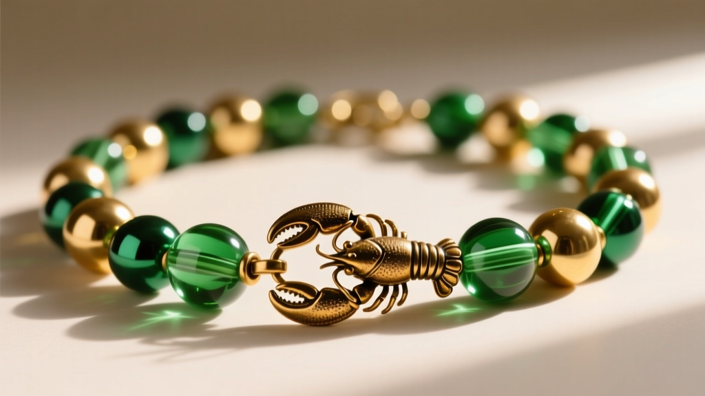 Close-up of an upcycled mardi gras beads necklace with metallic gold and green glass beads secured by a heavy brass lobster clasp
