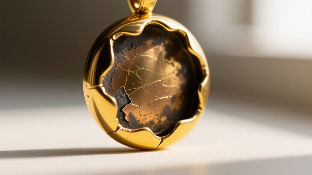 Macro view of a worn gold filled pendant edge showing the yellow gold layer peeling slightly to reveal the dark brass core