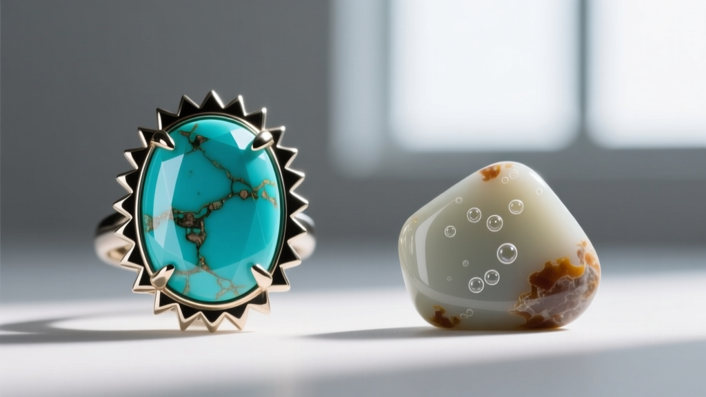 Macro shot comparing a genuine sawtooth bezel holding a stabilized turquoise cabochon next to a cheap epoxy-glued imitation stone.