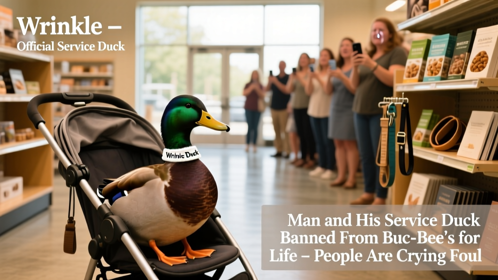A calm, well-groomed duck named Wrinkle sitting peacefully in a lightweight stroller inside a brightly lit retail space