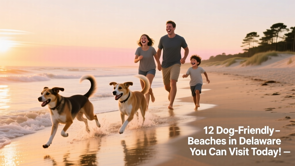 A family laughing as two dogs race side-by-side along the water’s edge at sunset, with gentle waves and a clear sky overhead