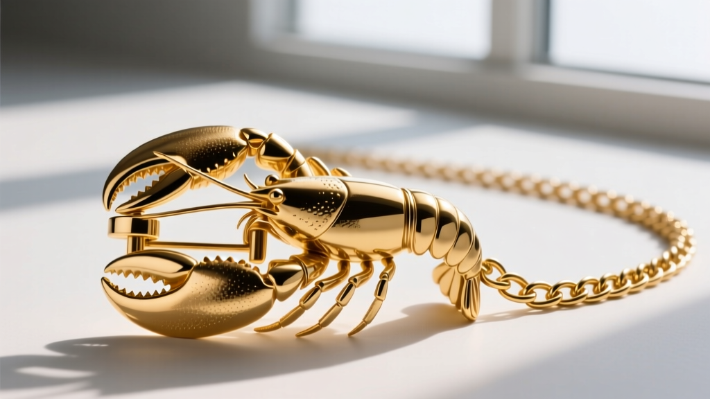 Close-up of an oversized gold lobster clasp connecting a delicate 14k gold figaro chain, highlighting the polished metal texture.
