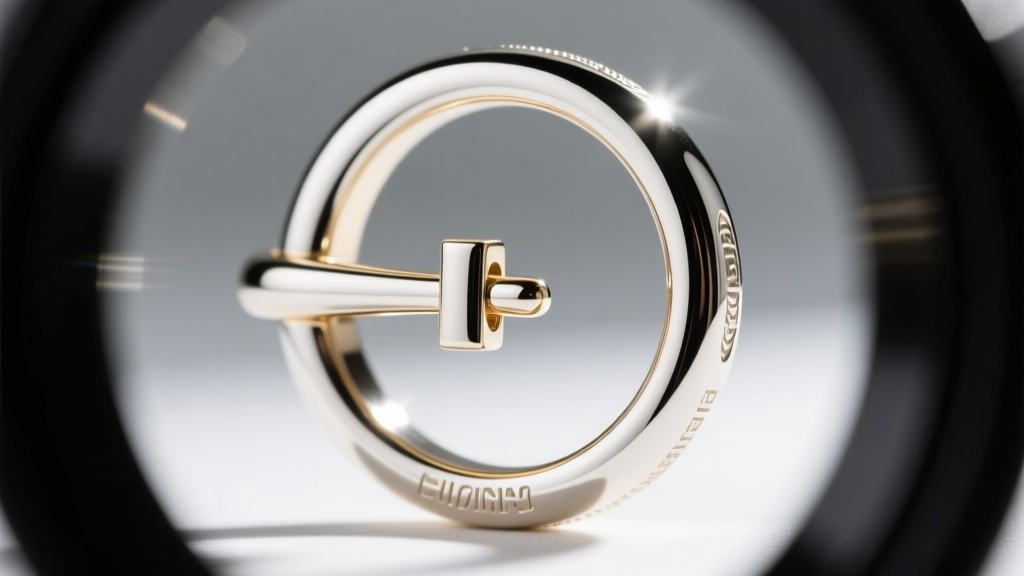 Close-up of an 18k white gold toggle clasp under a loupe, showing the precise T-bar insertion into a heavy circular ring.