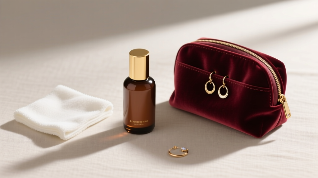 Flatlay of jewelry care kit including a soft microfiber cloth, leather conditioner, and a velvet travel pouch for hoop storage
