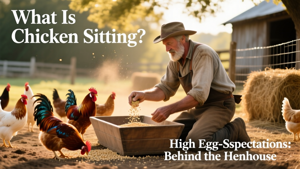 a chicken sitter scattering food for a flock of chickens