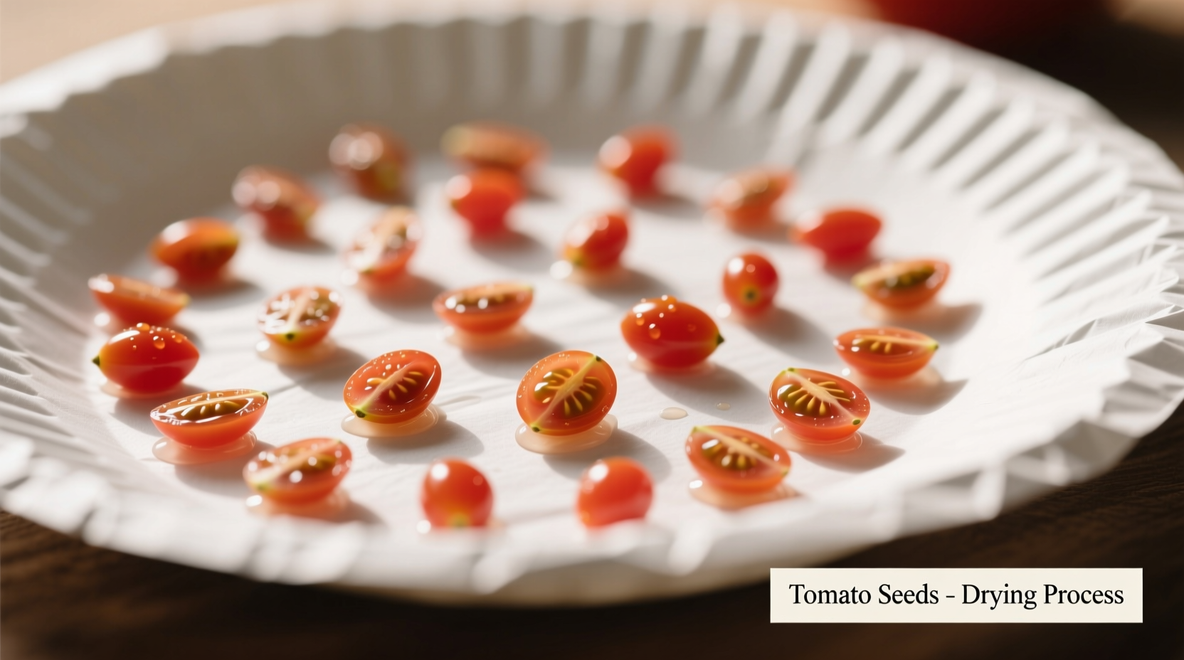 Tomato seeds spread on paper plate drying