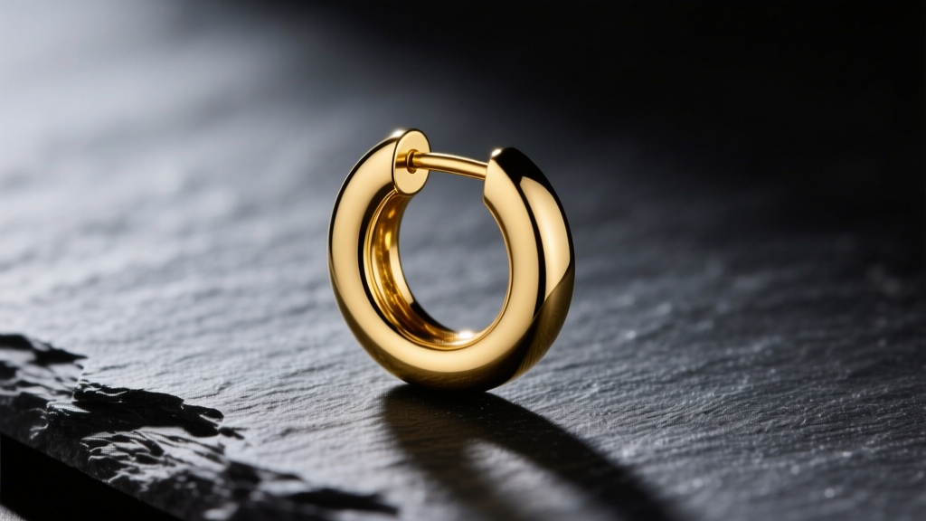 Macro photography of a polished 14k yellow gold disk earring with a flat back post, resting on dark slate under studio lighting