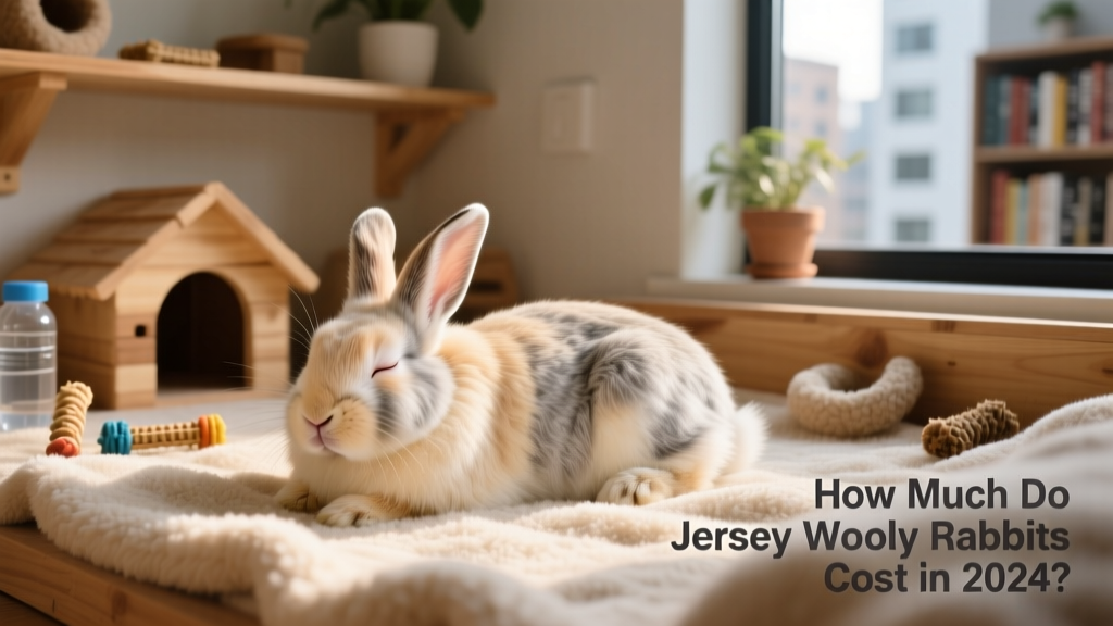 A relaxed Jersey Wooly rabbit resting on a soft fleece blanket inside a tidy, enriched indoor habitat