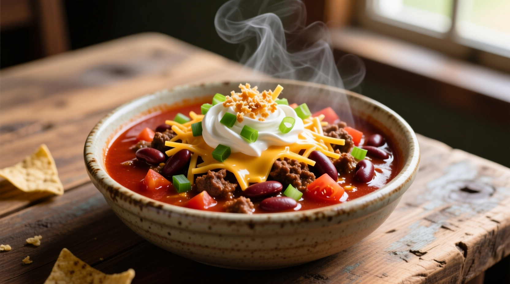 Homemade chili in a bowl with toppings
