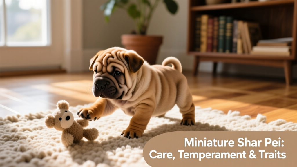 Miniature Shar Pei puppy playing gently with a soft toy on a sunlit rug