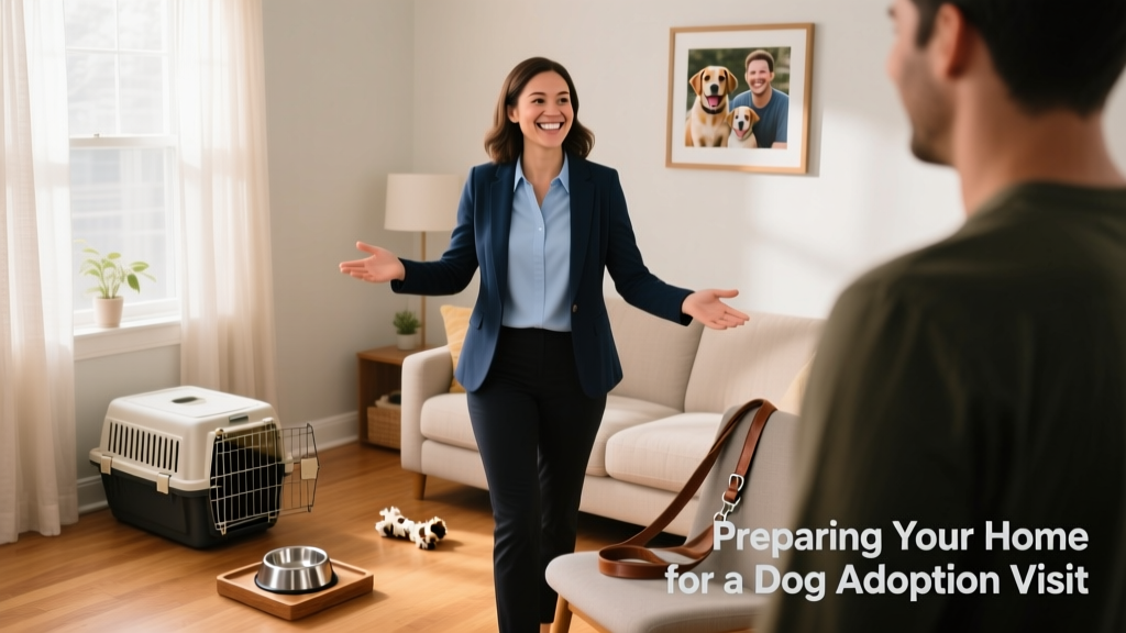 A friendly FurPetVo adoption coordinator smiling while touring a tidy, pet-friendly living room with a crate, water bowl, and leash visible
