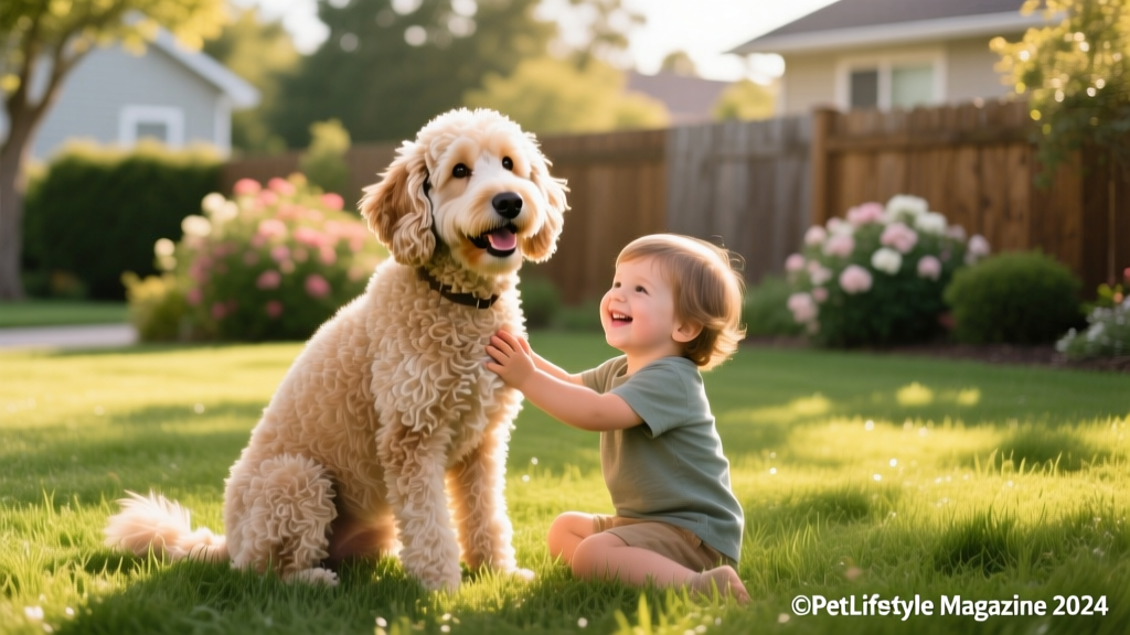 A well-groomed, smiling Labradoodle sitting beside a child on a grassy lawn