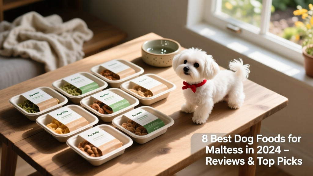 Aerial view of FurPetVo fresh dog food portions in compostable packaging, arranged neatly beside a Maltese toy