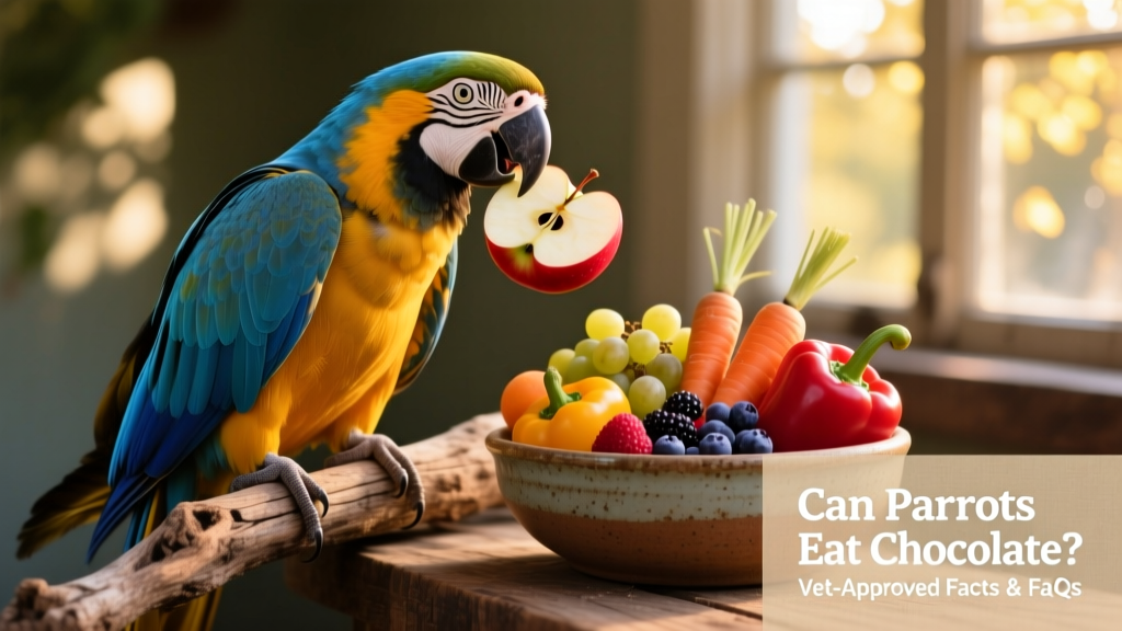 A vibrant parrot happily holding a slice of fresh apple in its beak, perched beside a bowl of mixed safe fruits and vegetables