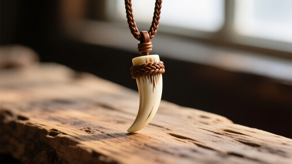 Polished bull elk ivory tooth pendant on a braided brown leather cord, resting on rustic wood with soft natural lighting.