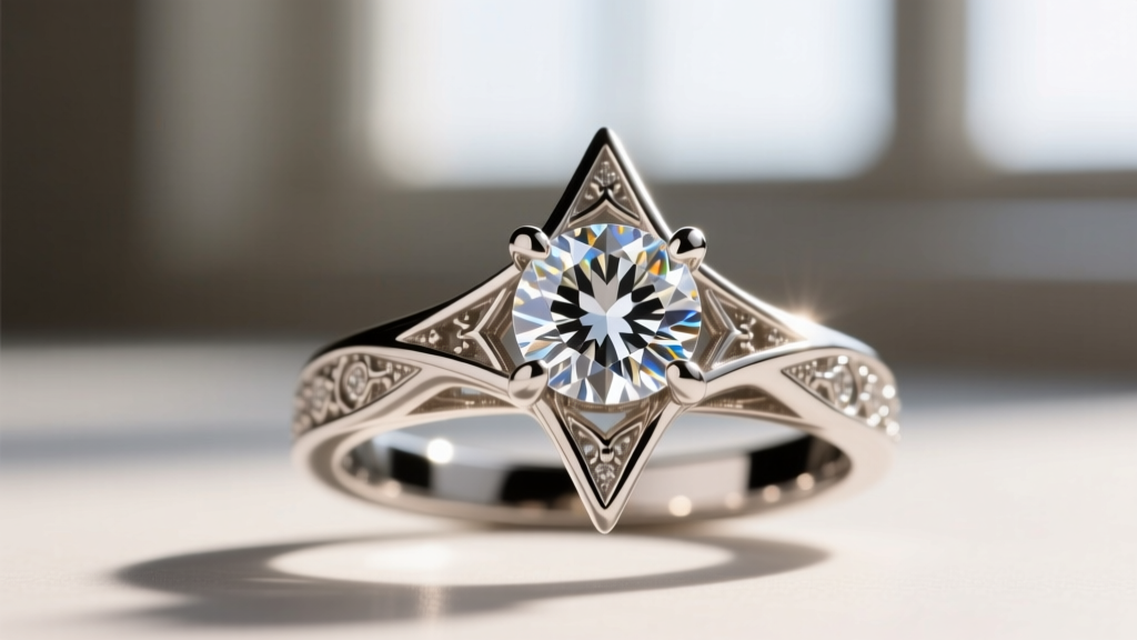 Extreme close-up of a six-prong cathedral setting holding a large diamond, highlighting precise metalwork and prong tension