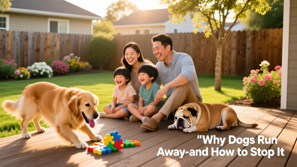 A family enjoying a sunny afternoon in their securely fenced backyard with two dogs—one playing with a puzzle toy, the other napping beside its owner