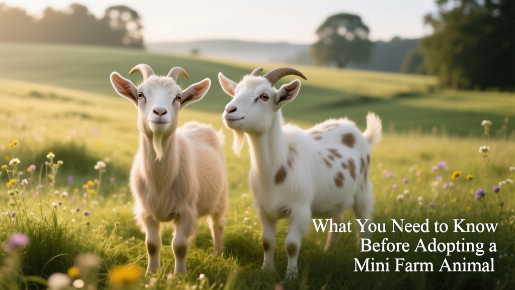 Two friendly dwarf goats standing side-by-side on grassy terrain, one looking up attentively