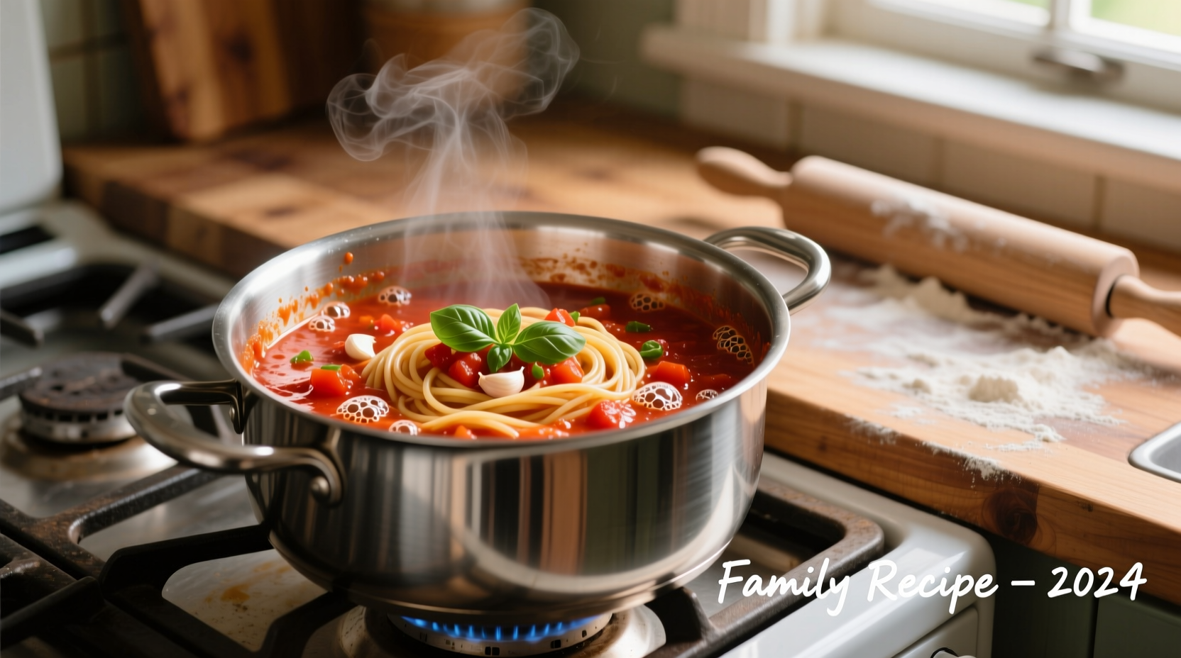Homemade spaghetti sauce simmering in stainless steel pot