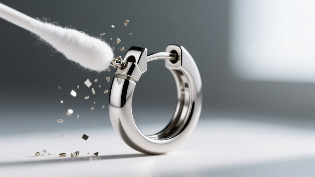 Close-up of a hinged clicker clasp on a titanium one hoop earring, showing debris being gently lifted by a microfiber cotton swab.