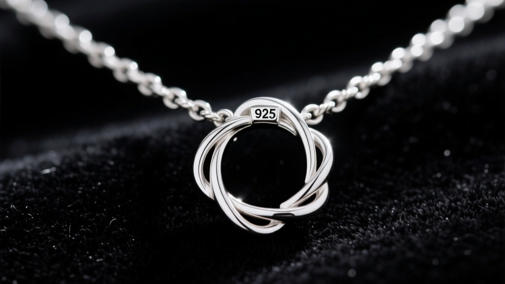 Macro shot of a polished sterling silver halo pendant on dark velvet, highlighting the 925 stamp and delicate cable chain links.