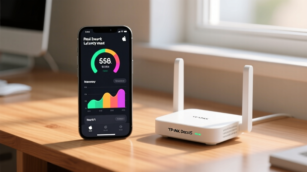 Close-up of a smartphone screen displaying a network latency test app next to a TP-Link Deco BE85 mesh node on a wooden desk