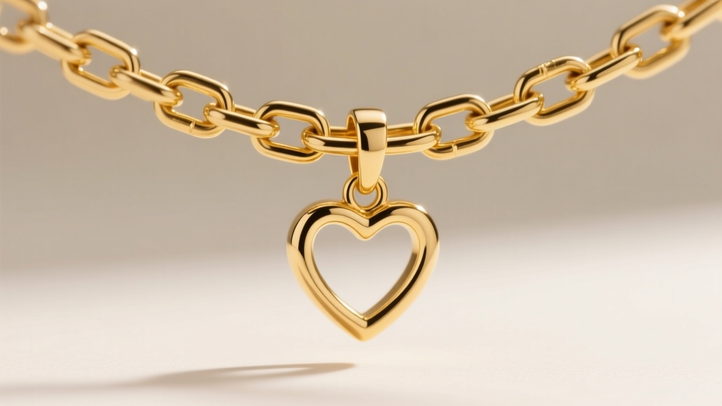 Macro shot of a 14k gold vermeil box chain through a heart pendant bail, emphasizing thick gold layers and sturdy square links.