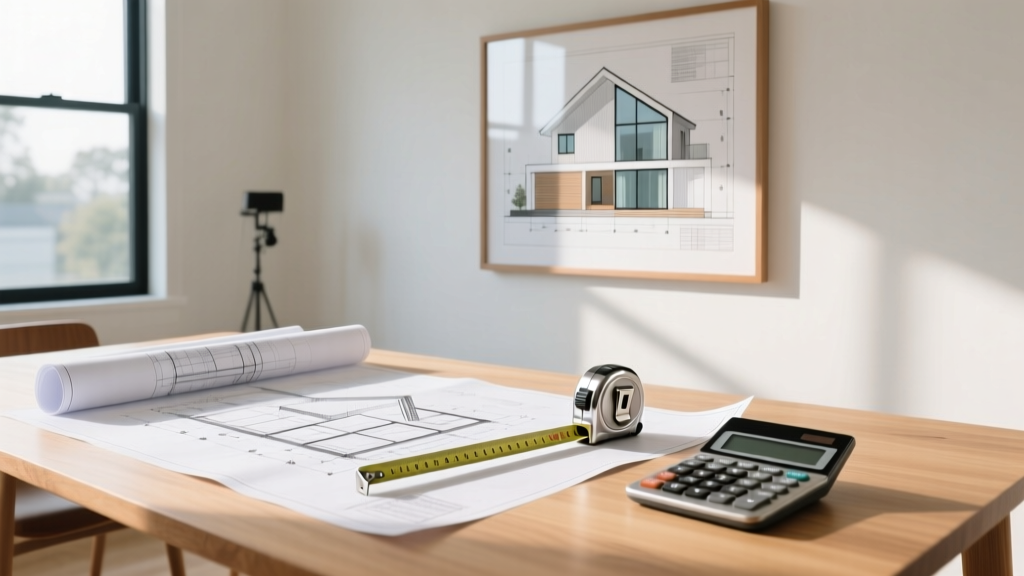 Architectural blueprints spread on a wooden table next to a measuring tape, calculator, and framed house addition plans in a bright studio