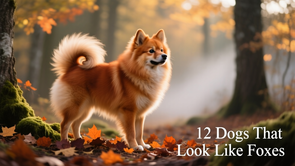 A Finnish Spitz standing proudly in autumn woods, highlighting its golden-red coat, ruff, and curled tail