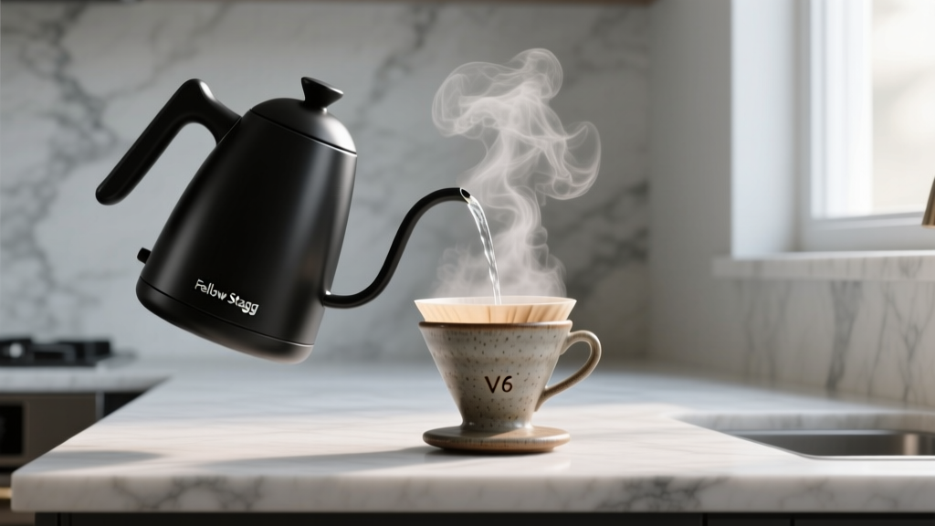 Close-up of matte black Fellow Stagg EKG electric kettle pouring steaming water into a ceramic V60 dripper on a modern marble kitchen countertop