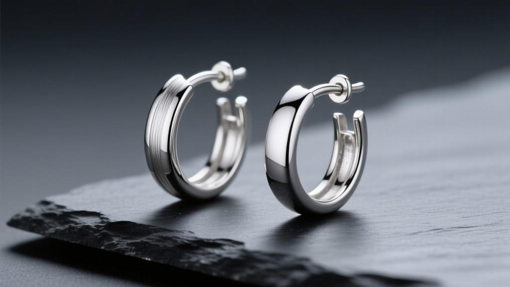 Macro shot of polished 925 sterling silver hoop earrings resting on a dark slate surface with soft, directional studio lighting