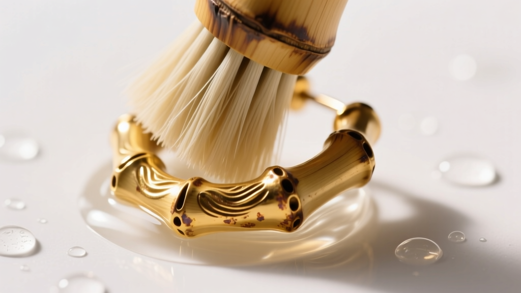 Soft brush gently scrubbing the intricate ridges of a tarnished gold-plated bamboo earring submerged in warm, mild soapy water.