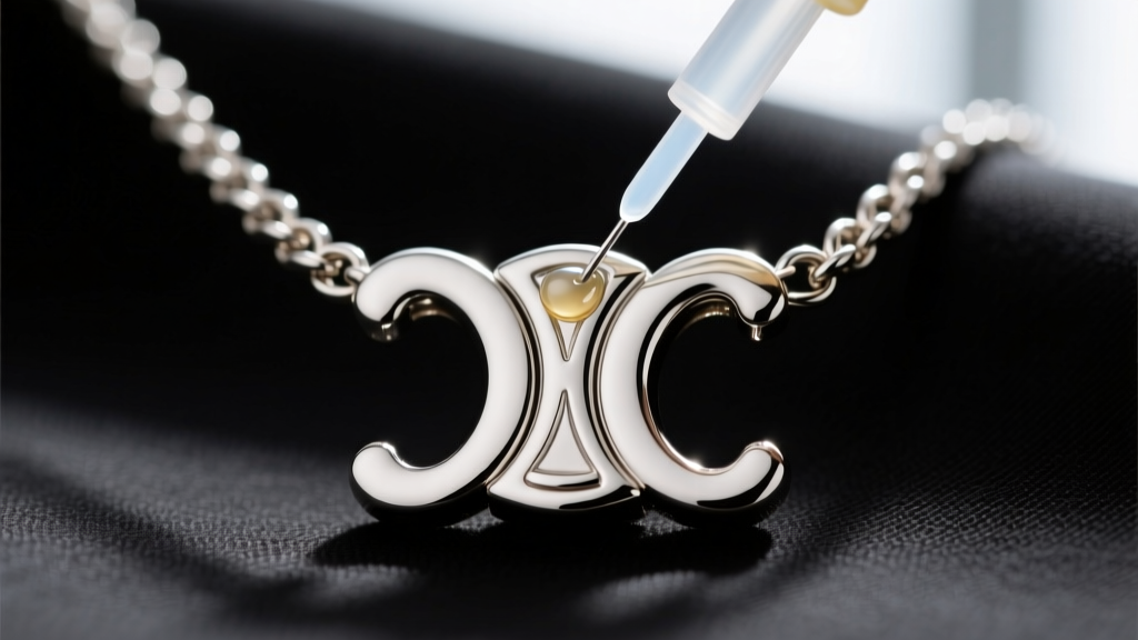 Close-up of a Celine ID necklace lobster clasp, with a micro-needle applying synthetic lubricant to the stiff spring mechanism.