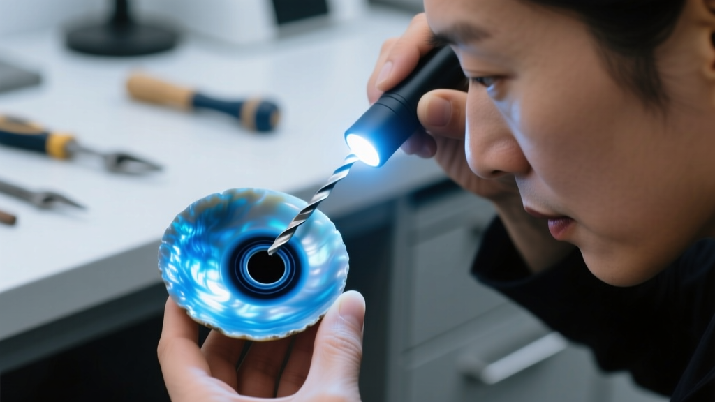 Jeweler using UV flashlight to inspect drill hole of a dyed blue freshwater pearl, revealing concentrated dark rings inside