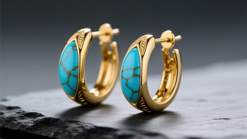Macro shot of 14k yellow gold hoop earrings with inlaid natural Sleeping Beauty turquoise, resting on a dark slate surface in soft light.