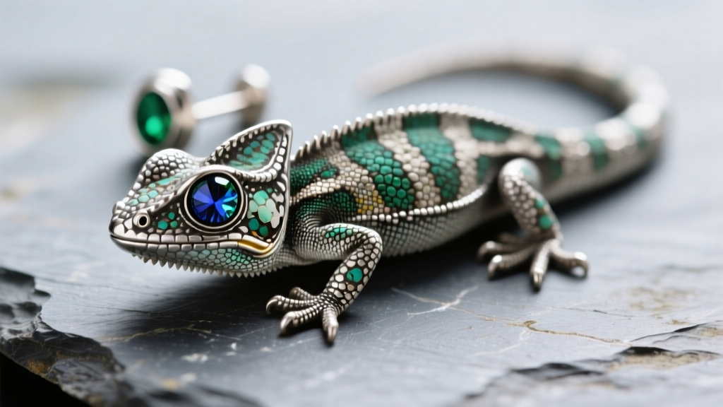 Macro shot of oxidized silver gecko earrings on slate, showing textured scales and gemstone eyes in soft lighting