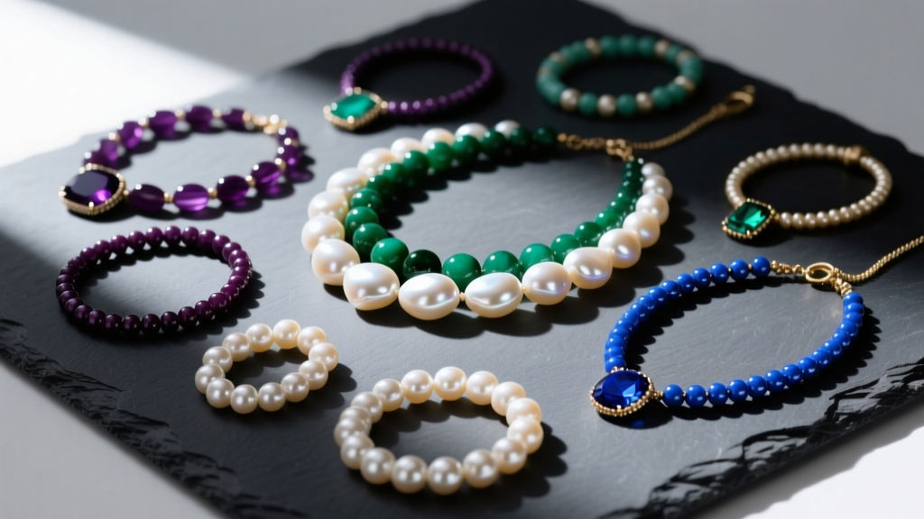 Flat lay of beaded necklace ideas with baroque pearls and matte gemstones arranged neatly on a dark slate crafting surface