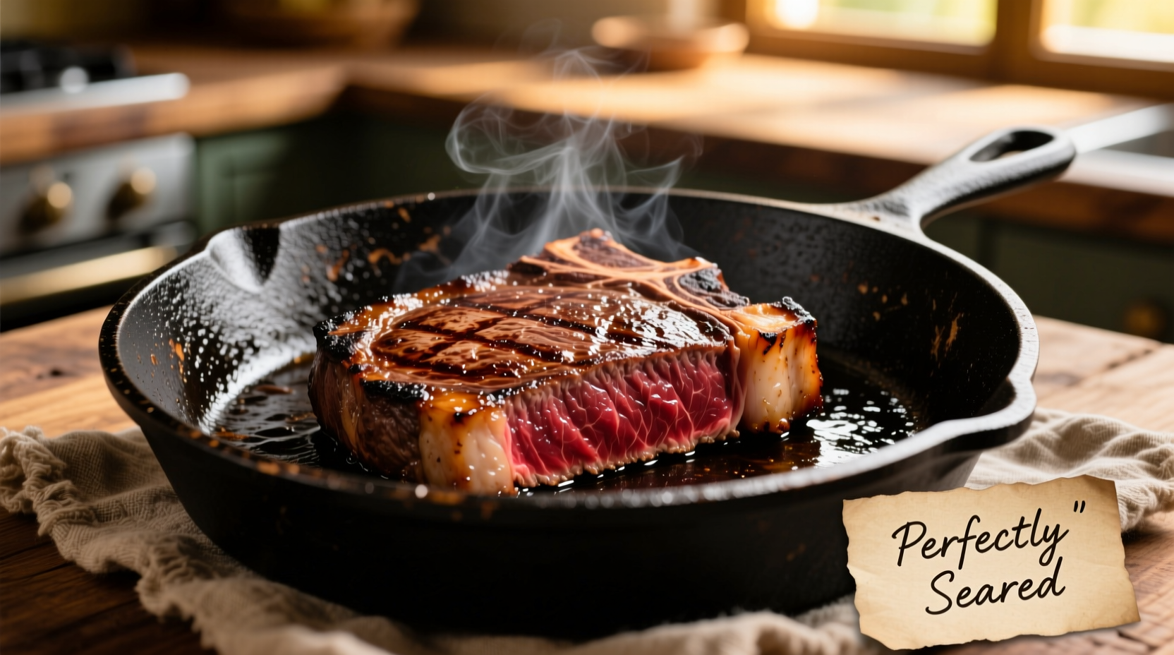 Perfectly seared ribeye steak in cast iron skillet