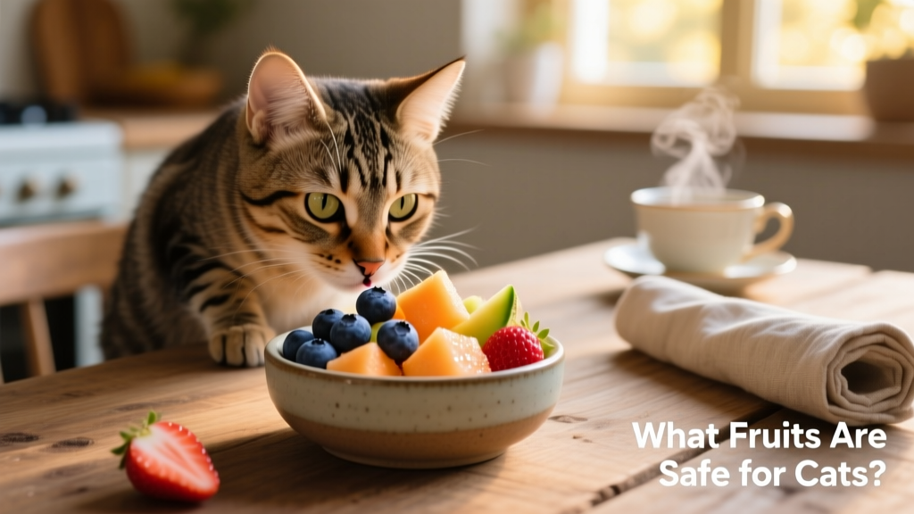 A curious cat sniffing a small bowl of mixed safe fruits like blueberries and cantaloupe