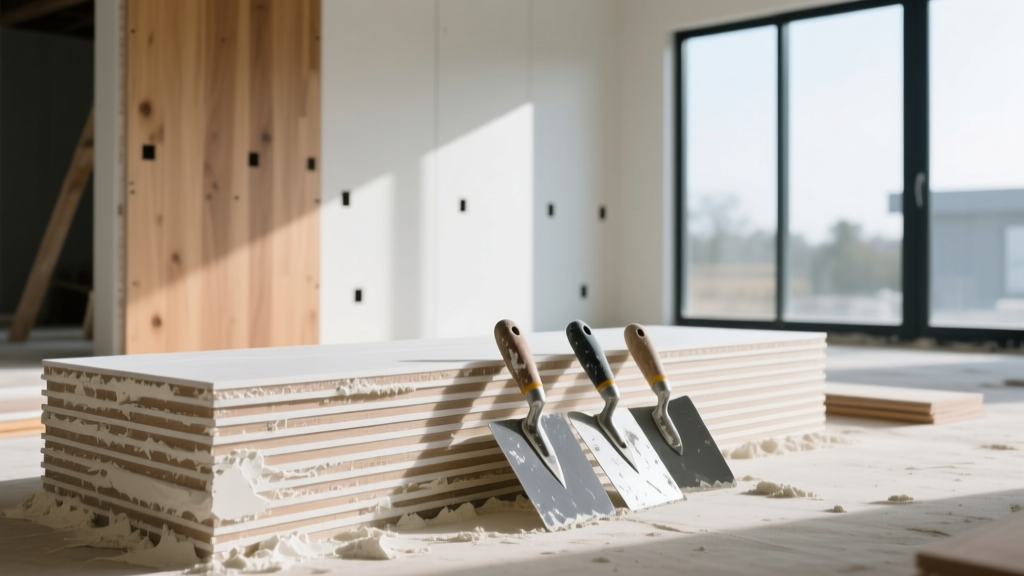 Stacked half-inch gypsum board panels beside wet plaster trowels and painted MDF wall paneling at a modern residential interior construction site.