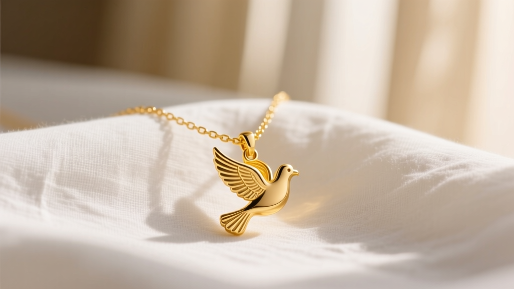 Close-up of a 14k yellow gold confirmation necklace with a dove pendant resting on crisp white linen in soft natural light
